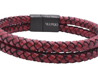 Maskio Braided Red Genuine Leather Bracelet with Stainless Steel Clasp – Bold Style and Secure Fit
