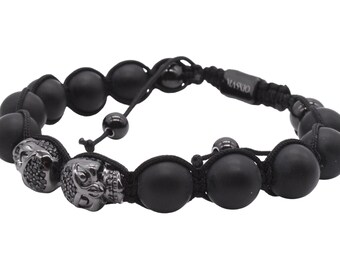 Maskio Adjustable Onyx Bracelet with Stainless Steel Skull – A Symbol of Spirituality and Strength