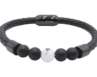 Maskio Black Leather Bracelet with Onyx and Howlite – Stylish Design with Spiritual Depth