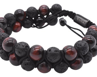 Maskio Dual Stone Bracelet with Red Tiger Eye and Lava Stones – Adjustable Bracelet with Stainless Steel Skull for Strength and Confidence