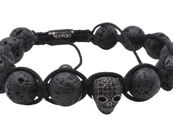 Maskio Black Lava Stone Bracelet with Stainless Steel Skull – Adjustable Bracelet for Strength and Courage
