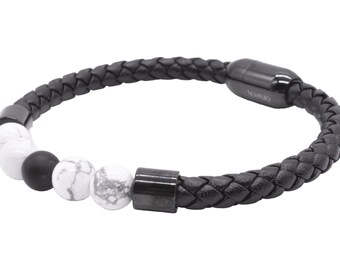 Maskio Black Genuine Leather Bracelet with Onyx and Howlite Stones – Elegance Meets Spiritual Significance