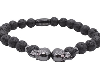Maskio Lava Stone Bracelet with Stainless Steel Skull – A Symbol of Strength and Rebellion