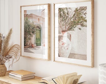 Set of 2 Mediterranean Prints: Rustic Green Door & Olive Trees Wall Art | MD111D