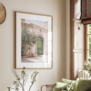 Mediterranean Green Door Print: Greek Style Wall Art with Olive Tree | MD107