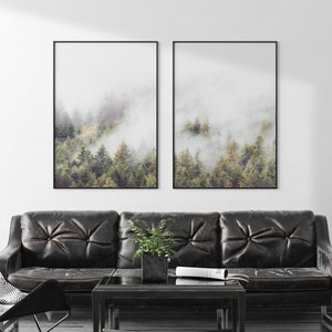 Conjunto de 2 impressões da natureza, arte de parede da natureza, arte de parede para impressão da floresta enevoada, impressões de montanhas nevoentas, paisagem nevoenta, download digital - MF109