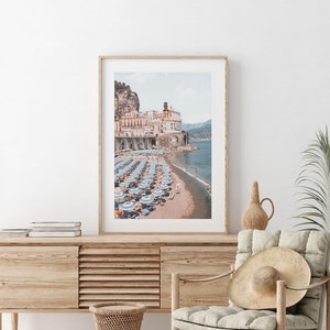 Positano travel print shown in a gallery wall arrangement. Mediterranean travel art, digital file ideal for entryway, office, or cozy seaside-themed spaces.