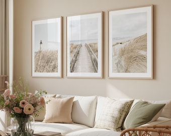 Neutral Coastal Set of 3 Prints: Minimal Beach Wall Art, Cozy Cottage Decor | M114T