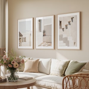Neutrale kustprint Set van 3: Minimale mediterrane muurkunst | MD128T
