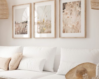 Set of 3 Neutral Botanical Prints | Cottage Flow Wildflower Wall Art | Décor for Farmhouse, Scandi or Boho Homes | Digital Download - FL143T