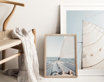 Sailboat Duo Print Set: Neutral Nautical Wall Art, Coastal Ocean Decor | M129D