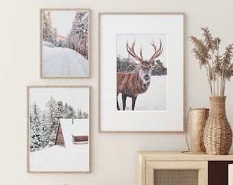 Winter Forest Set of 3 Prints, Reindeer & Snow Cabin Wall Art, Holiday Decor, Digital Download, W008
