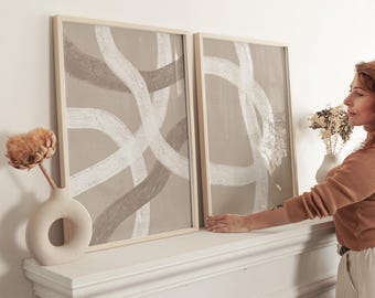 Beige Abstract Set of 2 Prints, Neutral Beige Wall Art, Neutral Minimalist Diptych | GA219D