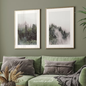 Arte de parede de paisagem, conjunto de 2 impressões de montanhas, arte de parede para impressão de floresta enevoada, foto de paisagem, arte de sala de estar, download digital - MF139