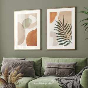 ボヘミアンパームリーフプリント：アースカラーとグリーンカラーの抽象的な植物柄セット | GA204D