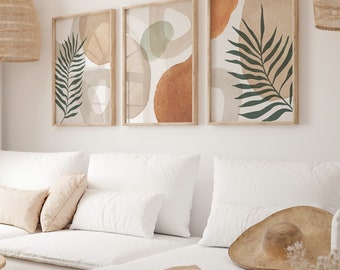 Conjunto abstracto botánico de 3 piezas: Hojas de palma estilo boho en tonos tierra y verdes / GA205T