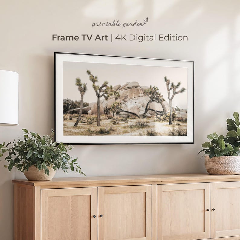 Nature Frame TV Art showing Joshua trees and sculptural boulders under soft sunlight. High-resolution 4K digital download optimized for The Frame TV by Printable Garden.
