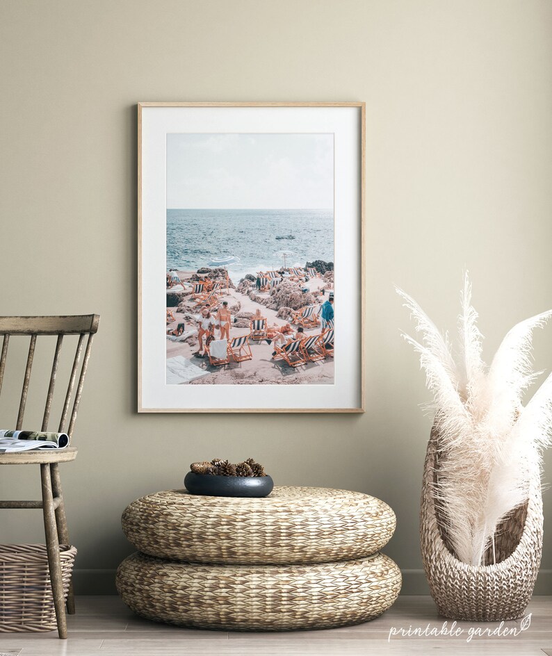 Vintage-style Amalfi Coast art above a bed in a serene bedroom. Earth tone pastel imagery adds cozy Mediterranean ambiance and travel-inspired tranquility. Digital download, ready to print and frame.