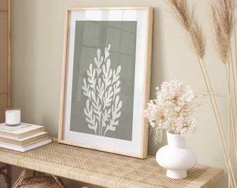 Minimal Botanical Print: Sage Green Abstract Leaf Wall Art, Digital Download | GA112
