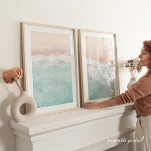 Pastel Ocean Diptych: Aerial Sea View in Pink & Turquoise, Digital Download | M102D