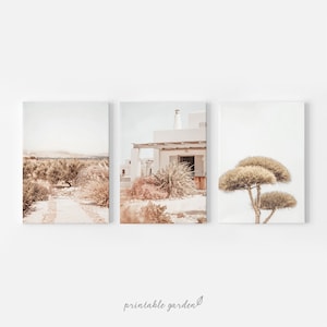 Printable wall art trio with Mediterranean countryside views: whitewashed house with canopy, dirt path through an olive grove, and plant detail. Neutral, rustic artwork perfect for cozy, travel-inspired interiors.