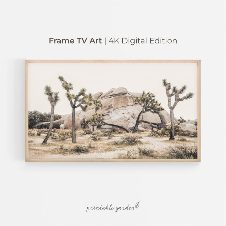 Digital landscape artwork for TV display: Joshua Tree National Park desert scene with pale rocks and muted greens. Adds a serene, modern desert touch to your space.