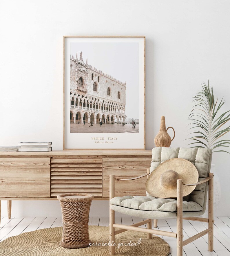 Venice architecture print displayed above a bed in a calm bedroom. The elegant cityscape creates a cozy and refined atmosphere reminiscent of European travel. Digital download, print-ready.
