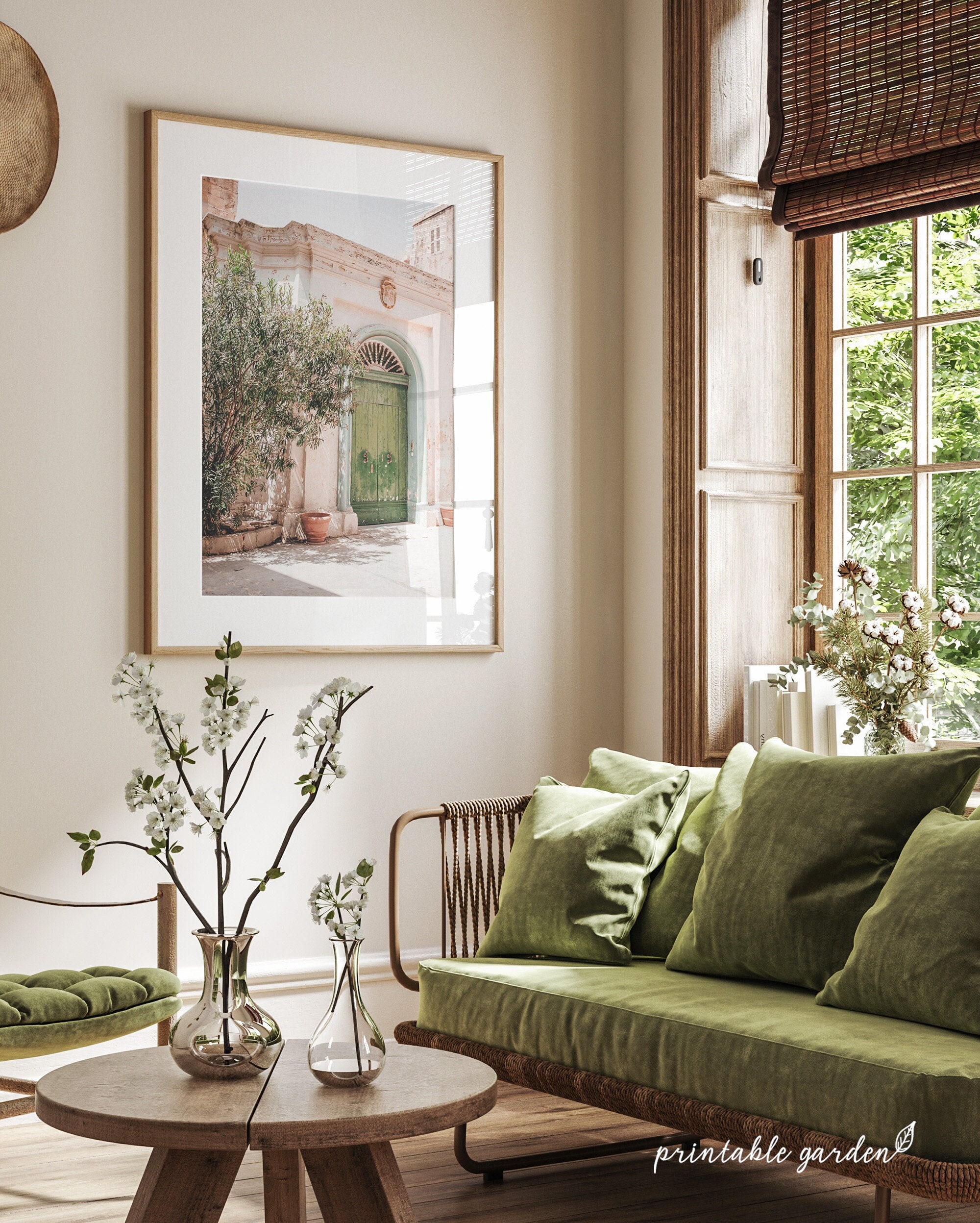 Mediterranean Green Door Print: Greek Style Wall Art With Olive