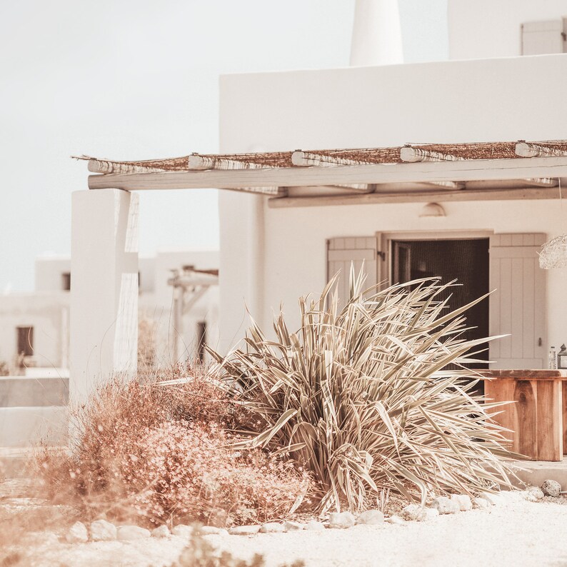 May include: A white building with a wooden pergola and a large green plant in front of it. The building has a white door and windows.