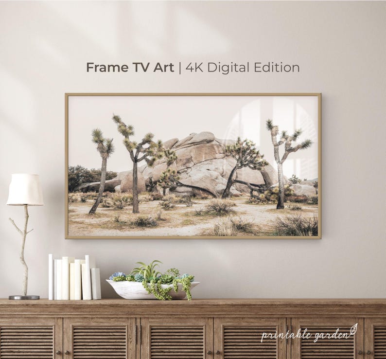 4K digital artwork for Samsung The Frame TV featuring Joshua Tree National Park with rock formations and desert vegetation in soft beige light. A warm, natural display for calm interiors.