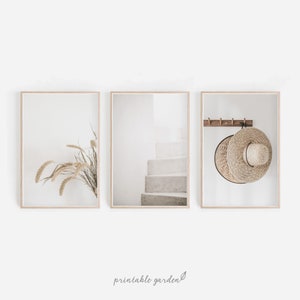 Set of three neutral aesthetic prints with simple minimal composition and natural textures. Digital download wall art for organic modern and cozy homes.