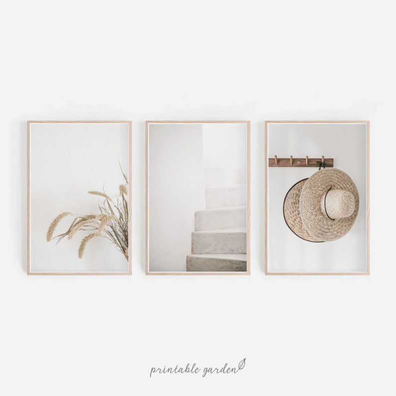 Set of three neutral aesthetic prints with simple minimal composition and natural textures. Digital download wall art for organic modern and cozy homes.