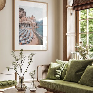 Amalfi Coast artwork above a bed. Italy coastal wall art digital download, providing seaside serenity and elegant décor for bedroom or guest room.