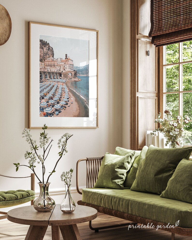 Amalfi Coast artwork above a bed. Italy coastal wall art digital download, providing seaside serenity and elegant décor for bedroom or guest room.