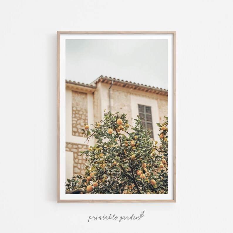 Southern Italy print featuring Sicily landscape displayed in a bright living room. Printable Mediterranean scenic art, adding sunlit countryside charm to modern interiors.