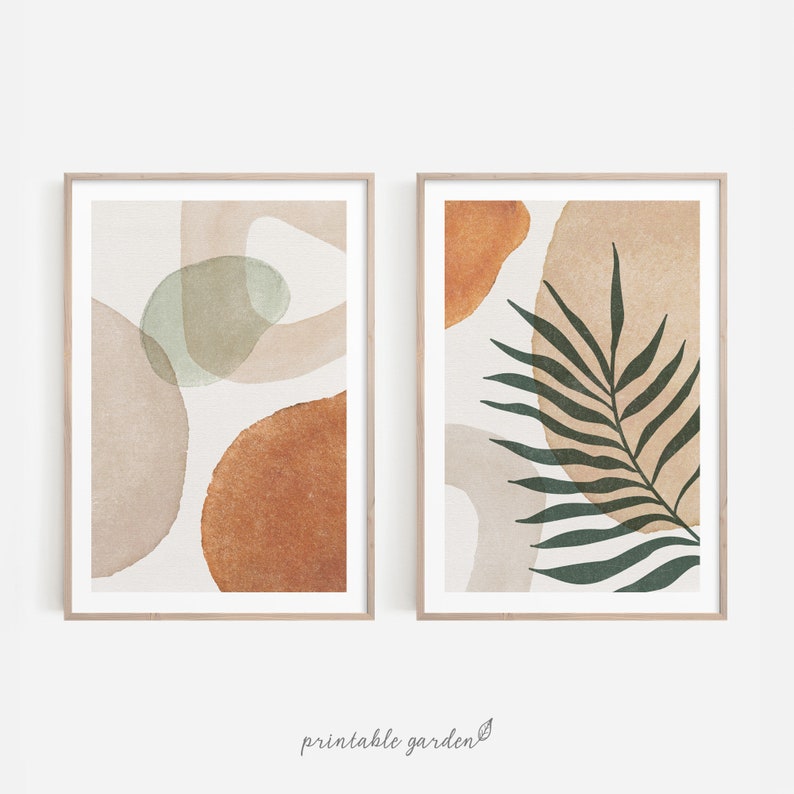 Neutral botanical art set with organic watercolor-style shapes and green foliage. Ideal for rustic, boho, or Japandi home decor.