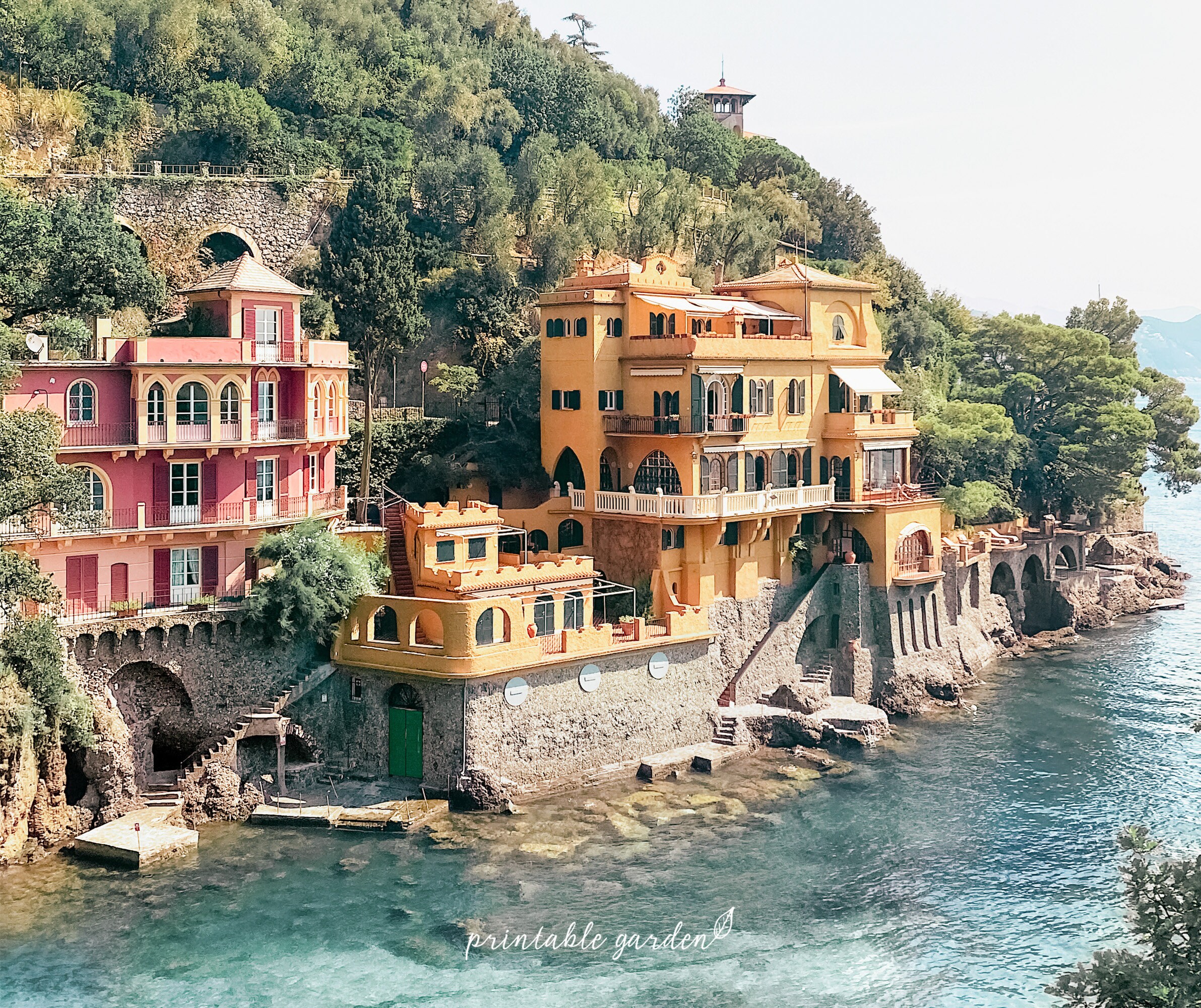 イタリア ポルトフィーノ 風景画：地中海の村の風景、即時ダウンロード