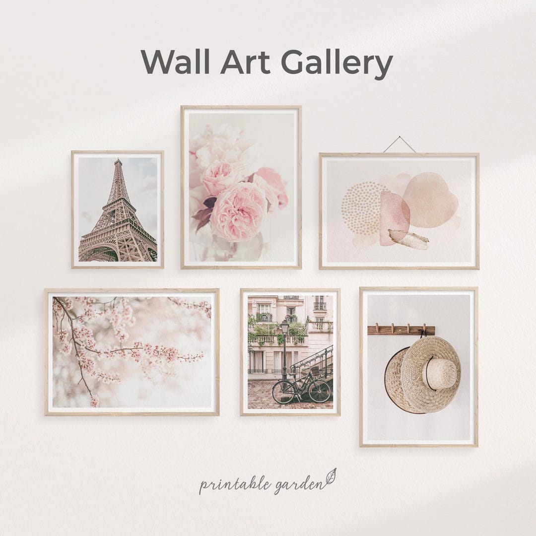 Pink Gallery Wall Set of 6: Paris Travel & Soft Floral Wall Art Prints ...