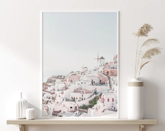 Santorini Seaside Village Print: Pastel Mediterranean Wall Art | MD117