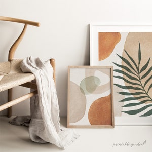 Neutral botanical art set with organic watercolor-style shapes and green foliage. Ideal for rustic, boho, or Japandi home decor.
