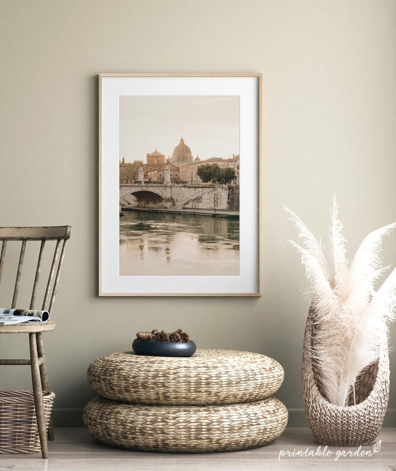 Neutral Rome cityscape print capturing historic Italian streets in muted color palette. A printable wall art digital download adding sophisticated travel ambiance to living spaces, offices, or cozy corners.