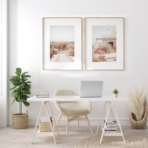 Mediterranean wall art set of 3: rustic home, olive grove path, and agave detail. Subtle earthy palette evokes relaxation and coastal charm. High-resolution JPG downloads, ideal for farmhouse, cottage, or Japandi décor.