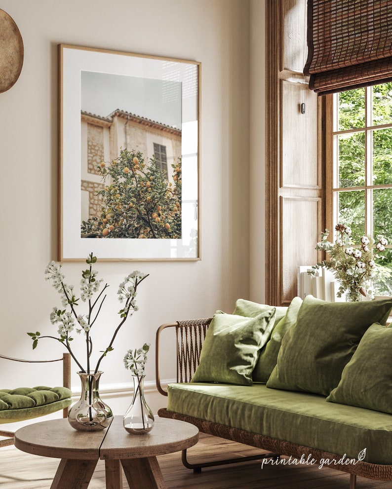 Southern Italy print featuring Sicily landscape displayed in a bright living room. Printable Mediterranean scenic art, adding sunlit countryside charm to modern interiors.