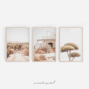 Mediterranean wall art set of 3: rustic home, olive grove path, and agave detail. Subtle earthy palette evokes relaxation and coastal charm. High-resolution JPG downloads, ideal for farmhouse, cottage, or Japandi décor.