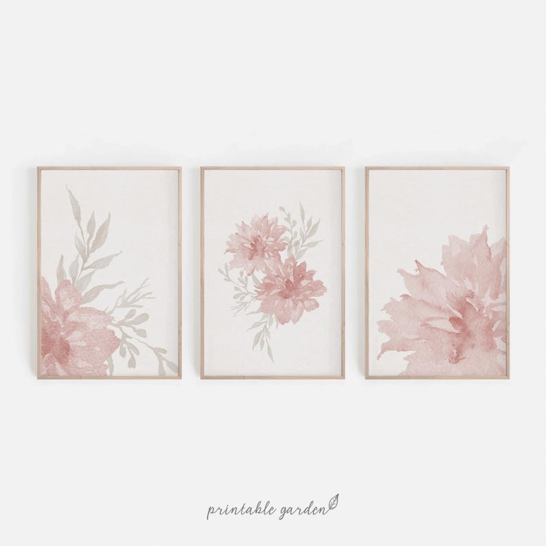 Blush Floral Watercolor Set of 3 Prints: Neutral Botanical Wall Art ...