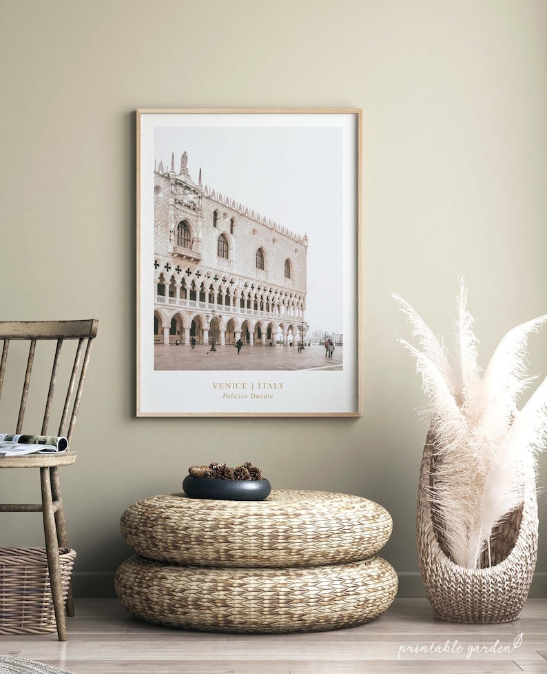 Framed Venice architecture print above a sofa in a stylish living room. The timeless stone arches add sophisticated Italian charm and travel-inspired ambiance. Instant digital download, ready to frame.