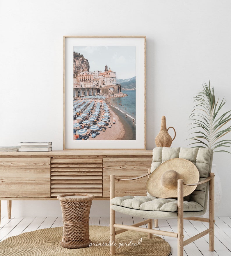 Positano travel print shown in a gallery wall arrangement. Mediterranean travel art, digital file ideal for entryway, office, or cozy seaside-themed spaces.