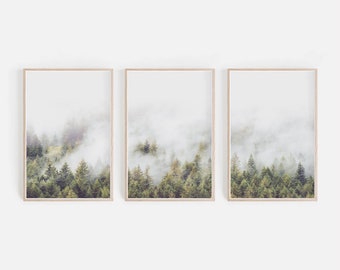 Misty Pine Forest Triptych Wall Art, Forest Landscape Set of 3 Prints | MF108T