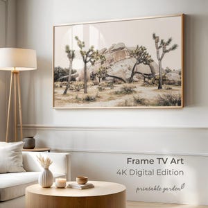 Digital landscape artwork for TV display: Joshua Tree National Park desert scene with pale rocks and muted greens. Adds a serene, modern desert touch to your space.