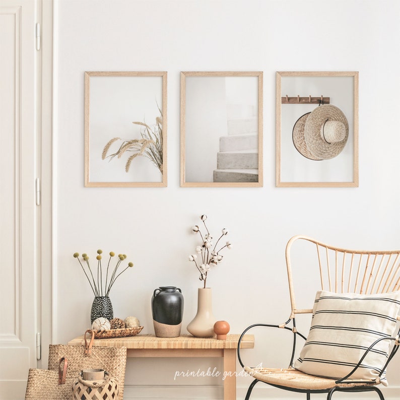 Minimal wall art trio in warm neutral palette, versatile for japandi, wabi sabi, and contemporary interiors. Printable neutral set of 3 with aesthetic, calming mood.
